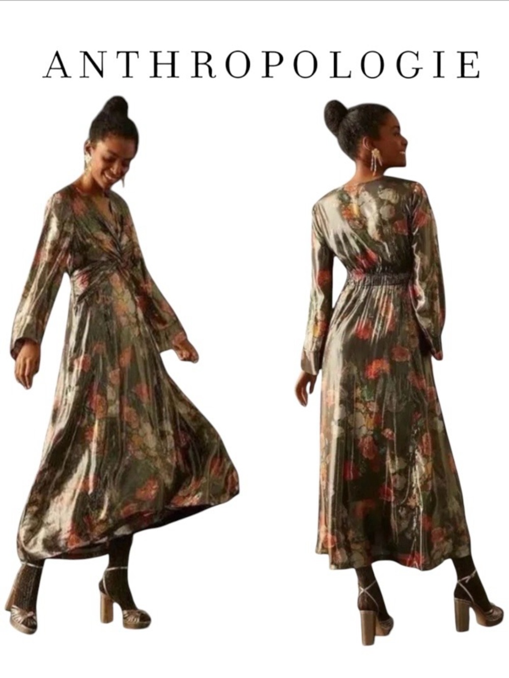Anthropologie Caballero Metallic Floral Twist-Front Maxi Dress Size Medium NWT